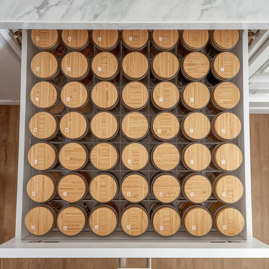 ARIA COLLECTION | BOROSILICATE GLASS SPICE JARS WITH BAMBOO LIDS (36-PIECE SET)